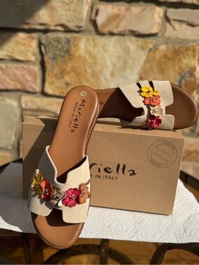 Mariella Beige Floral Leather Slide Sandals - Multicolor Flower Accents